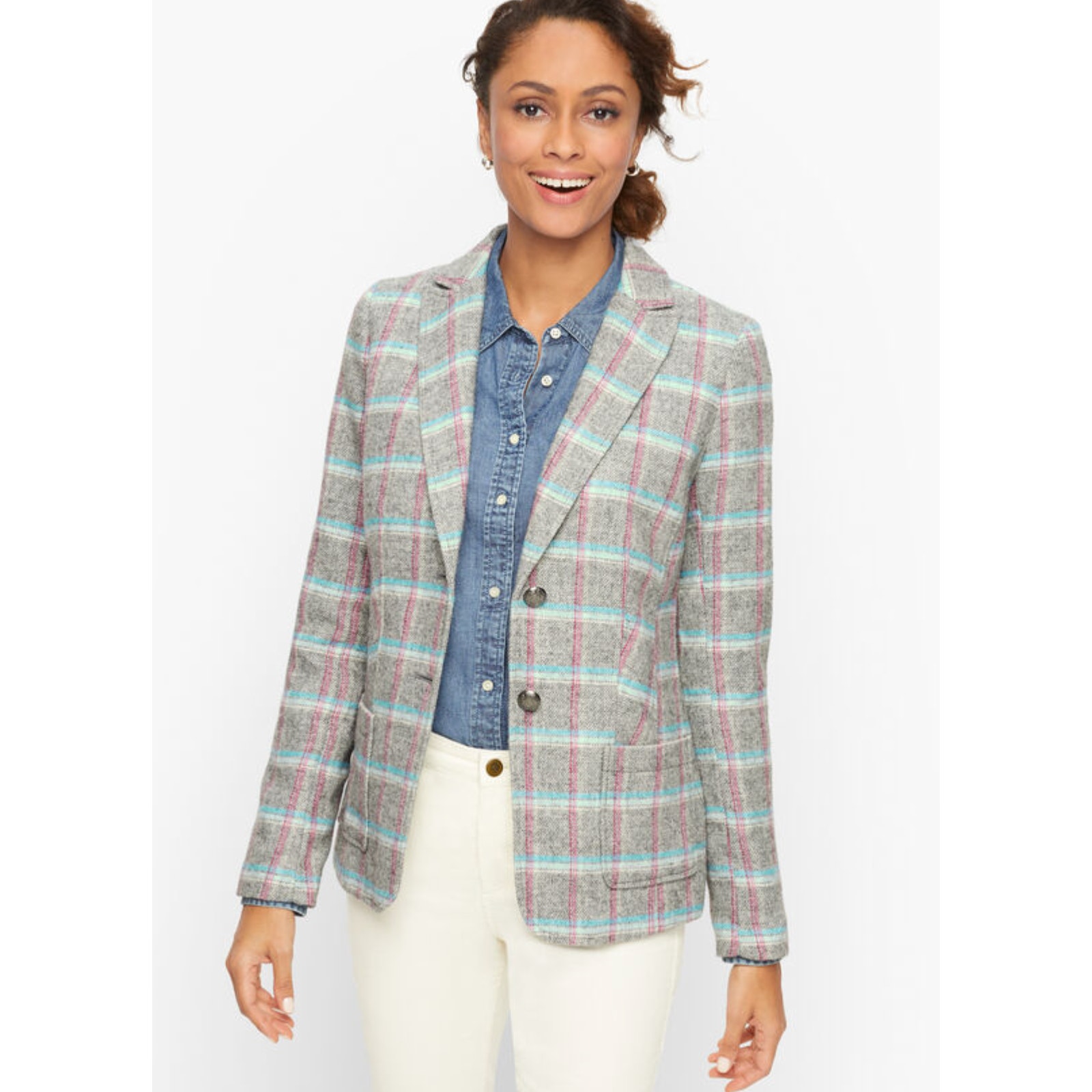 Talbots Womens 6 Petite Gray Pink Shetland Plaid Wool Blend Blazer Jacket New